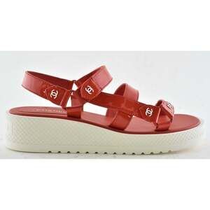 Chanel 20C Red Patent White CC Logo Mule Slide Strap Flat Dad Daddy Sandal 40